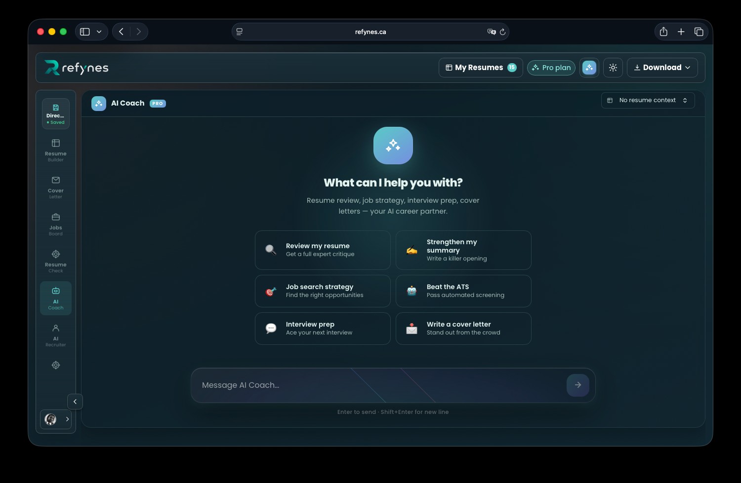 AI Coach — Review my resume, Strengthen my summary, Job search strategy, Beat the ATS